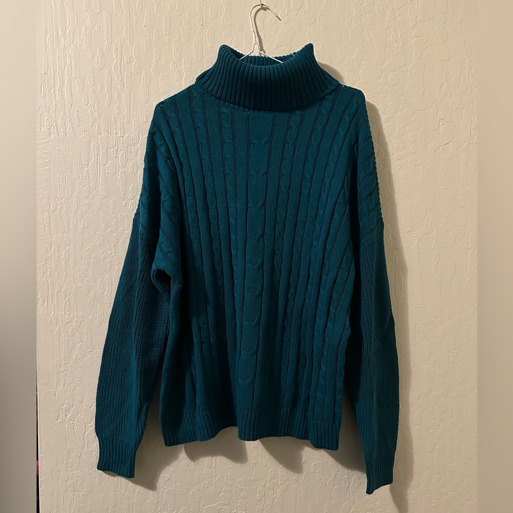 Teal Cable Knit Turtleneck Sweater